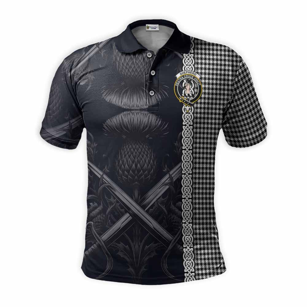 Tartan Vibes Clothing Shepherd Tartan Polo Shirt with Family Crest Cross Sword Thistle Celtic Vibes