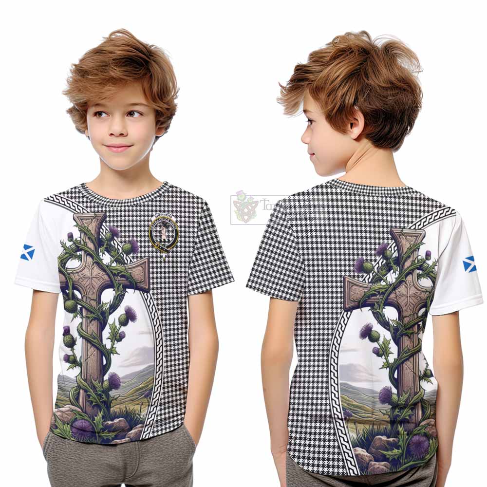 Tartan Vibes Clothing Shepherd Tartan Kid T-Shirt with Family Crest and St. Andrew's Cross Accented by Thistle Vines