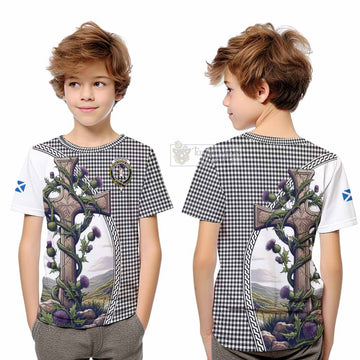 Tartan Vibes Clothing Shepherd Tartan Kid T-Shirt with Family Crest and St. Andrew's Cross Accented by Thistle Vines