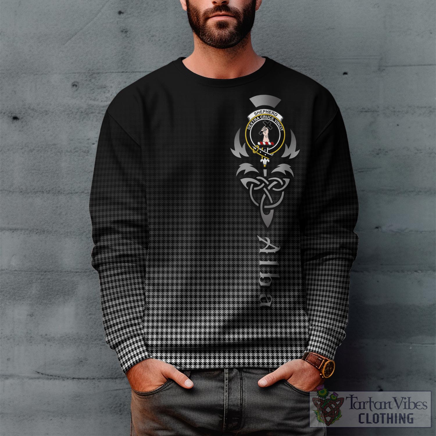 Tartan Vibes Clothing Shepherd Tartan Sweatshirt Featuring Alba Gu Brath Family Crest Celtic Inspired