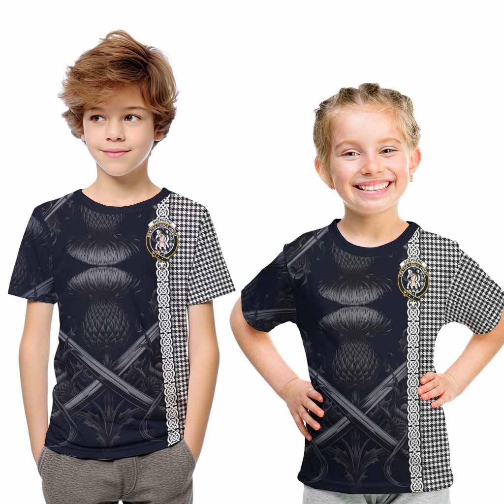 Tartan Vibes Clothing Shepherd Tartan Kid T-Shirt with Family Crest Cross Sword Thistle Celtic Vibes