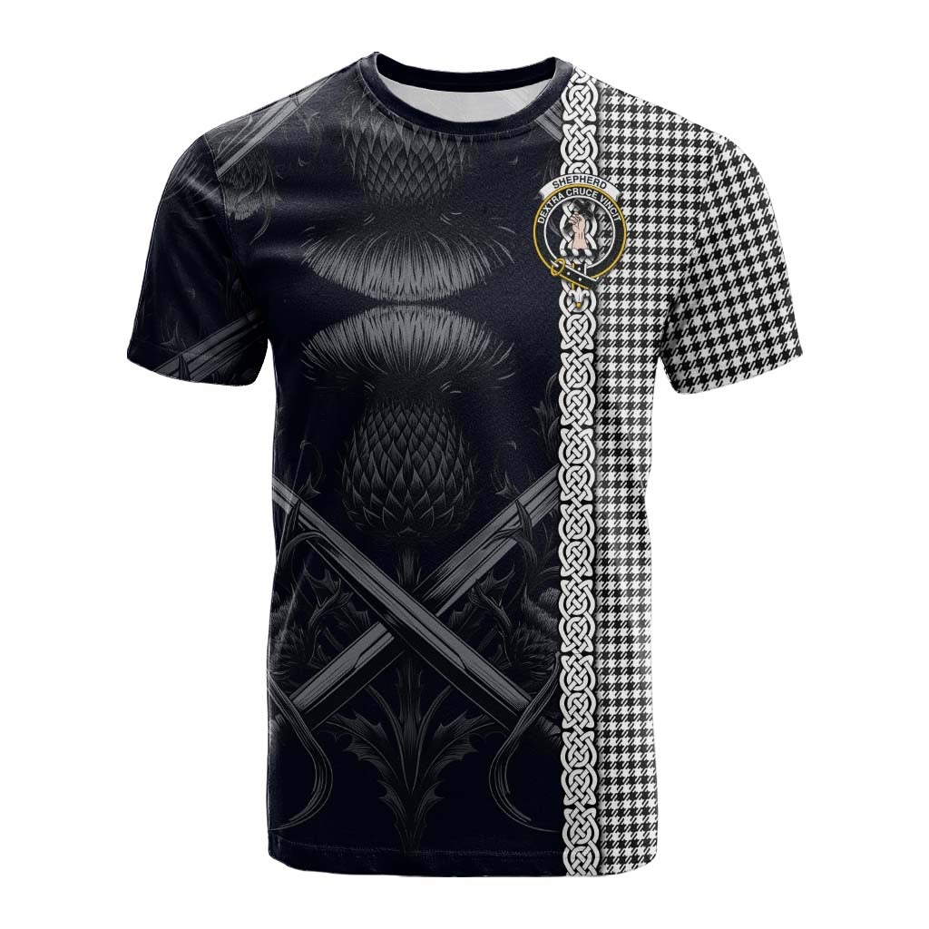 Tartan Vibes Clothing Shepherd Tartan Cotton T-shirt with Family Crest Cross Sword Thistle Celtic Vibes