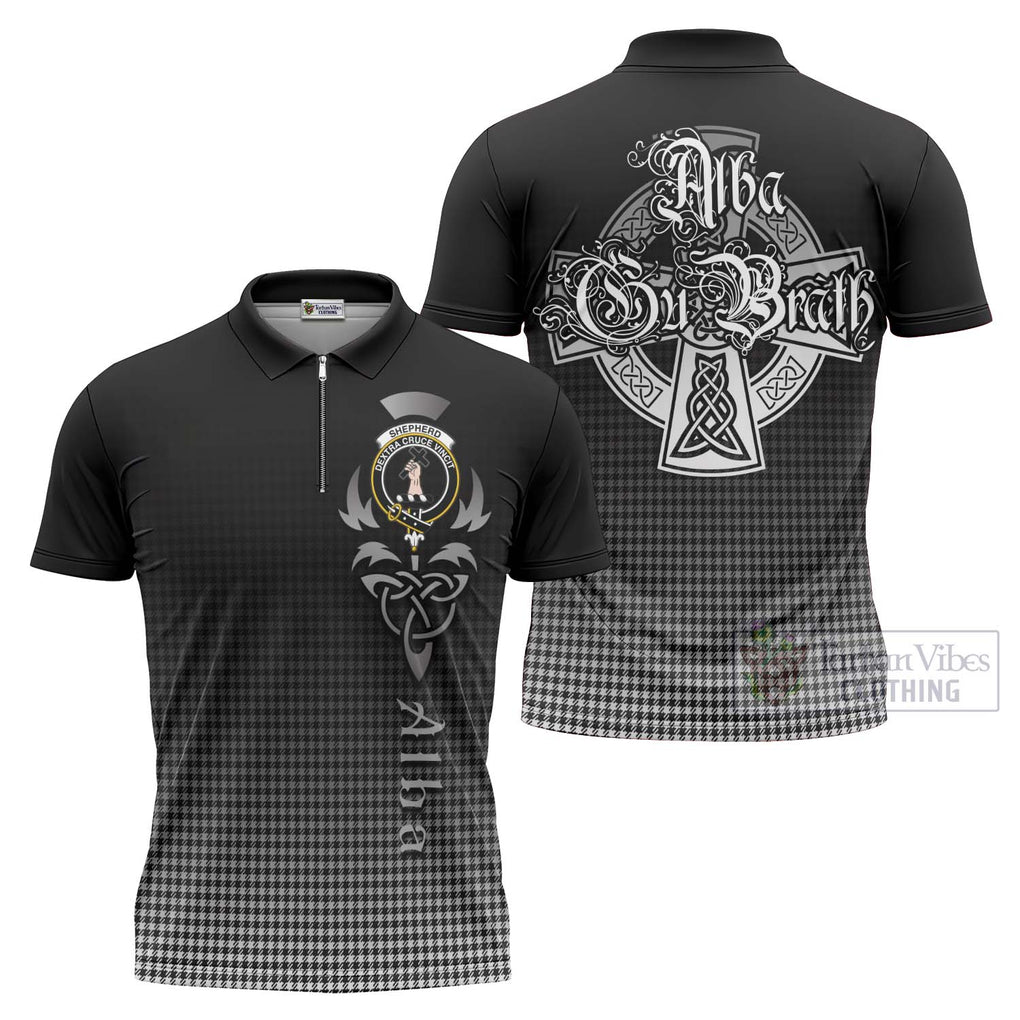 Tartan Vibes Clothing Shepherd Tartan Zipper Polo Shirt Featuring Alba Gu Brath Family Crest Celtic Inspired