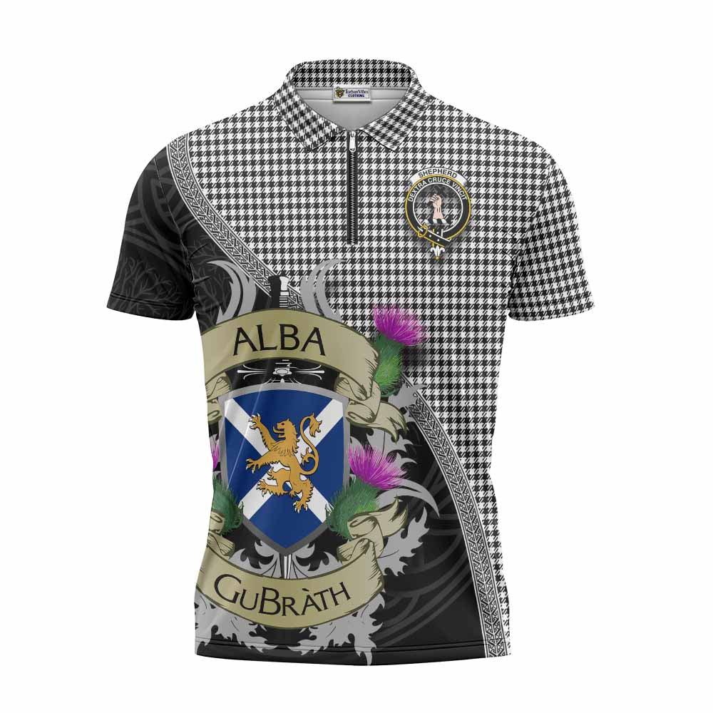 Tartan Vibes Clothing Shepherd Tartan Family Crest Zipper Polo Shirt Lion Rampant Royal Thistle Shield Celtic Inspired