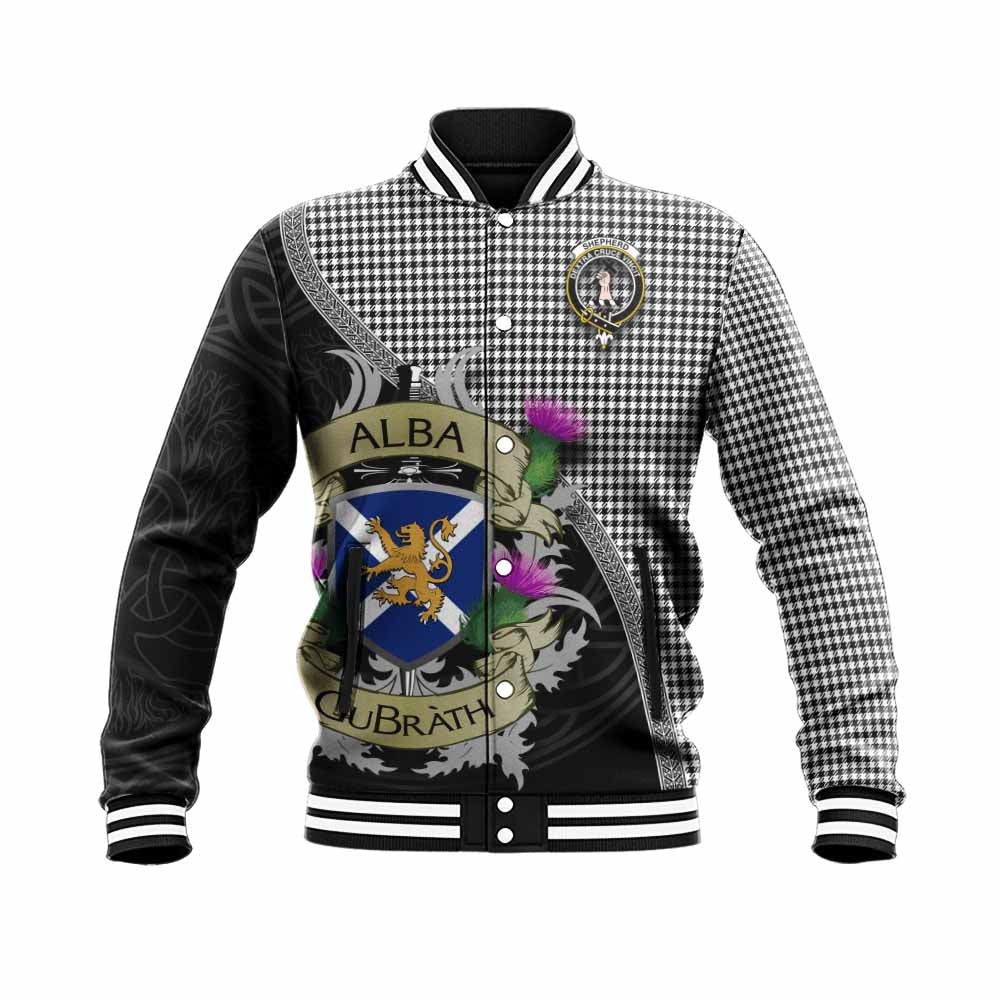 Tartan Vibes Clothing Shepherd Tartan Family Crest Baseball Jacket Lion Rampant Royal Thistle Shield Celtic Inspired
