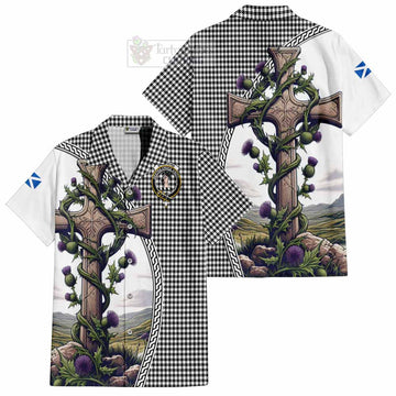 Tartan Vibes Clothing Shepherd Tartan Short Sleeve Button Shirt with Family Crest and St. Andrew's Cross Accented by Thistle Vines