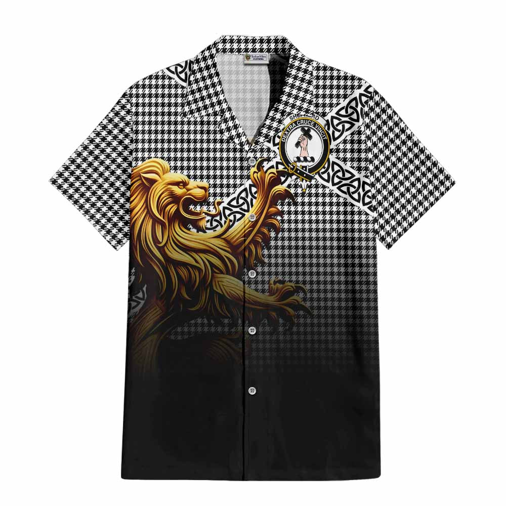 Tartan Vibes Clothing Shepherd Crest Tartan Short Sleeve Button Shirt with Golden Lion Emblem Celtic Style