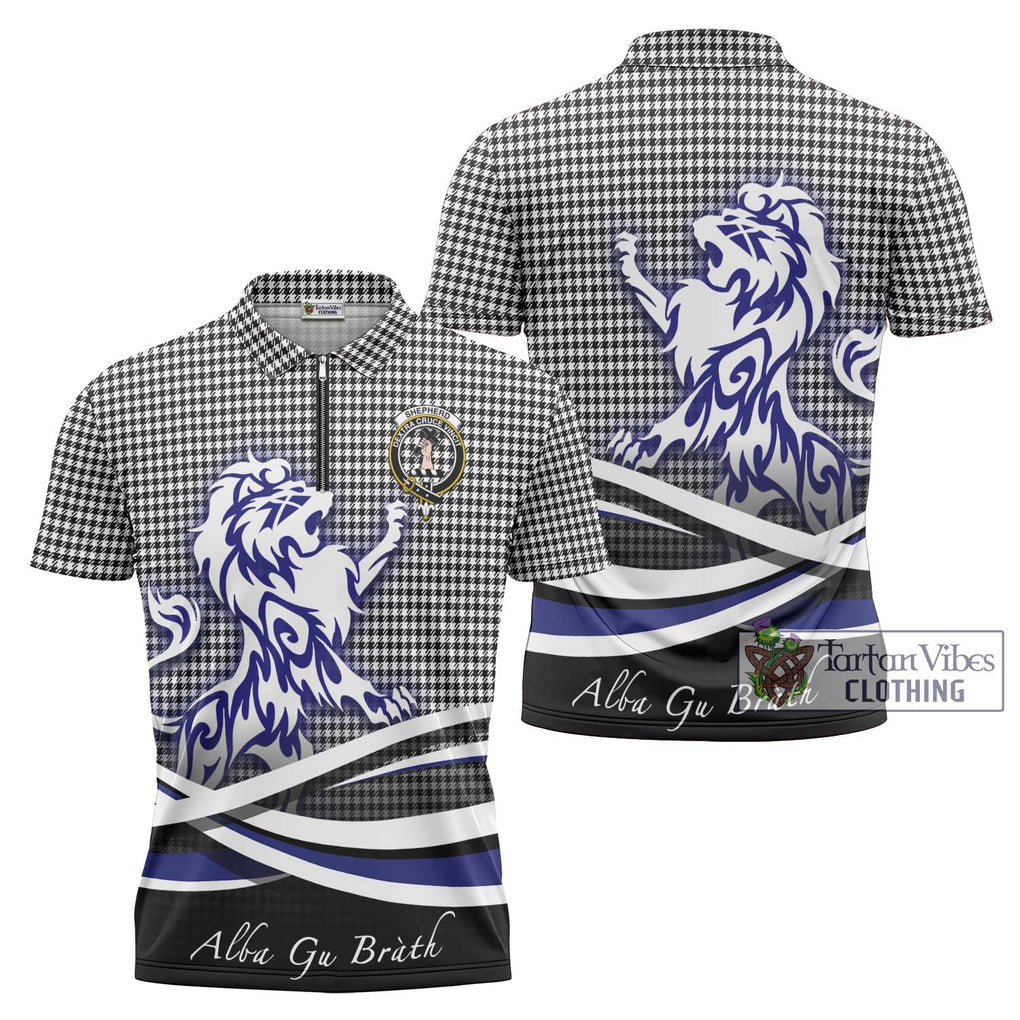 Shepherd Tartan Zipper Polo Shirt with Alba Gu Brath Regal Lion Emblem Unisex - Tartanvibesclothing Shop