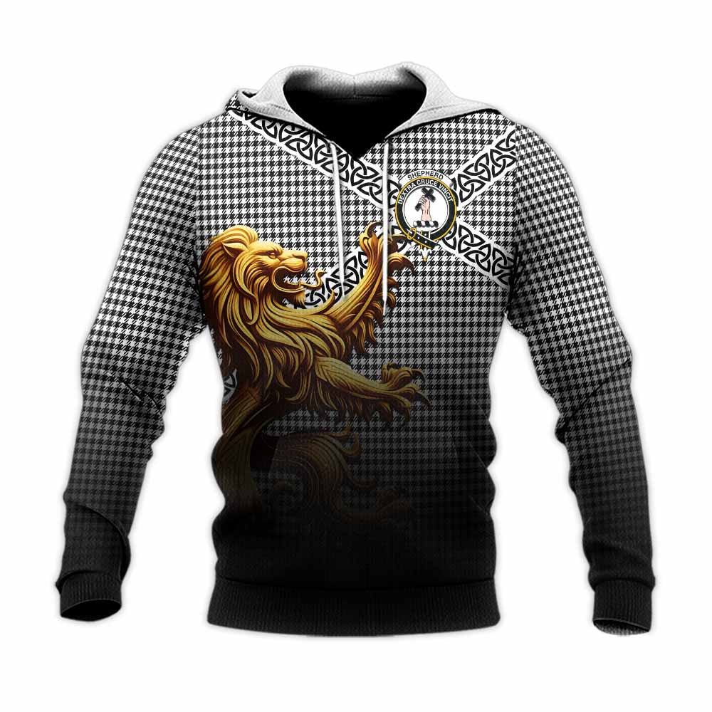 Tartan Vibes Clothing Shepherd Crest Tartan Knitted Hoodie with Golden Lion Emblem Celtic Style