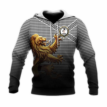 Shepherd Crest Tartan Knitted Hoodie with Golden Lion Emblem Celtic Style