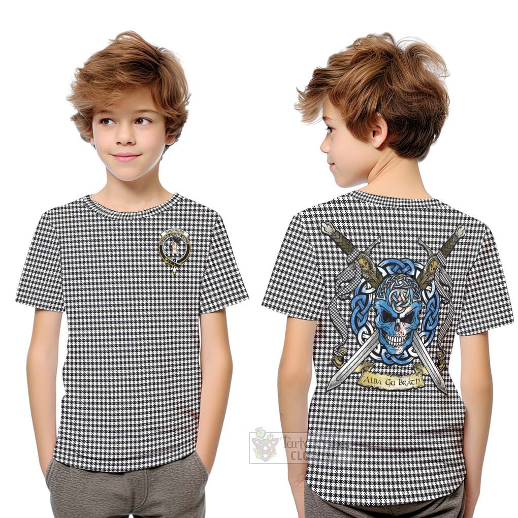 Tartan Vibes Clothing Shepherd Tartan Kid T-Shirt with Family Crest Celtic Skull Style