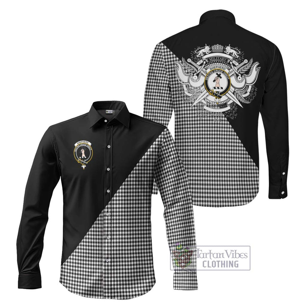 Shepherd Tartan Long Sleeve Button Shirt with Family Crest and Military Logo Style Men's Shirt S - Tartanvibesclothing Shop
