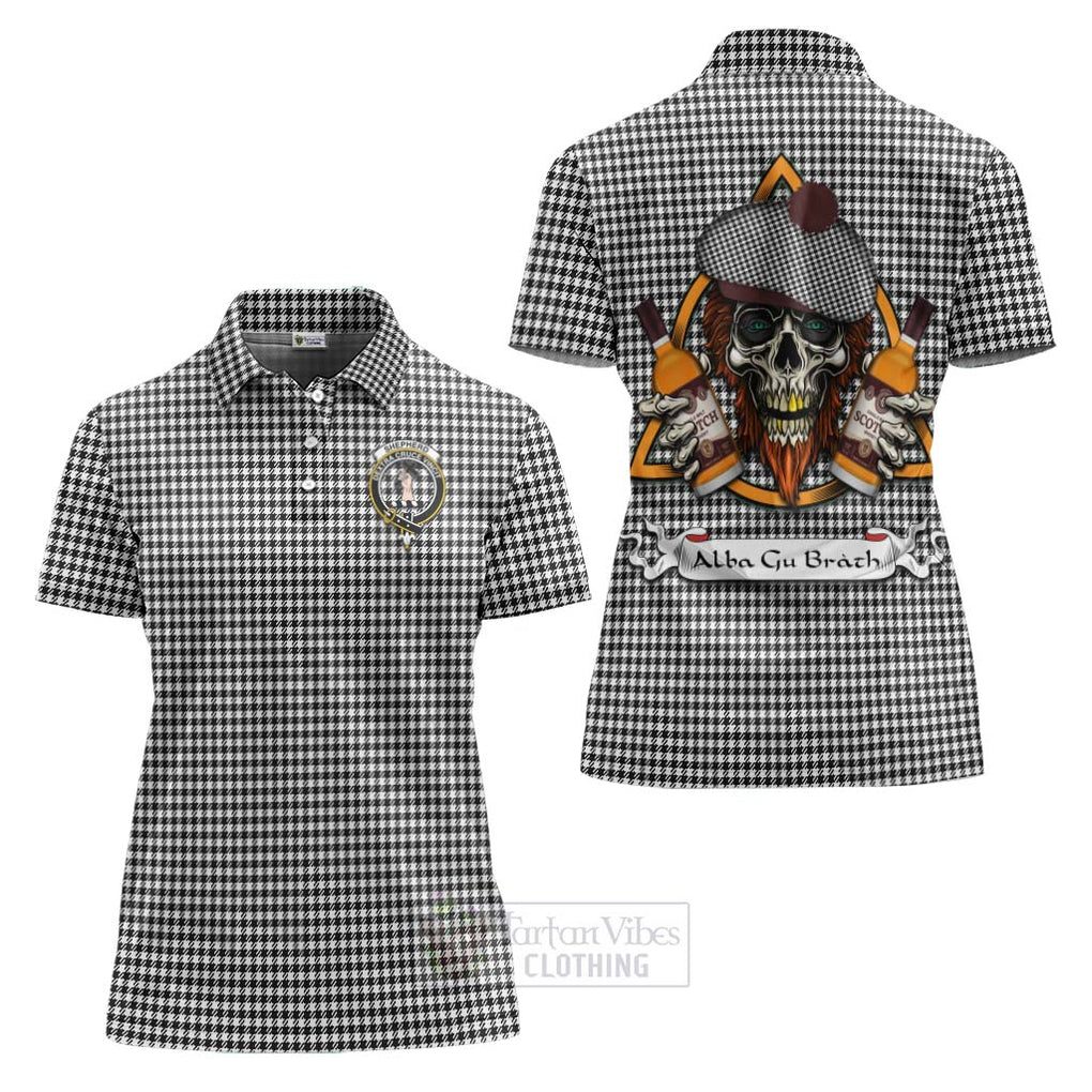 Tartan Vibes Clothing Shepherd Tartan Women's Polo Shirt with Family Crest and Bearded Skull Holding Bottles of Whiskey