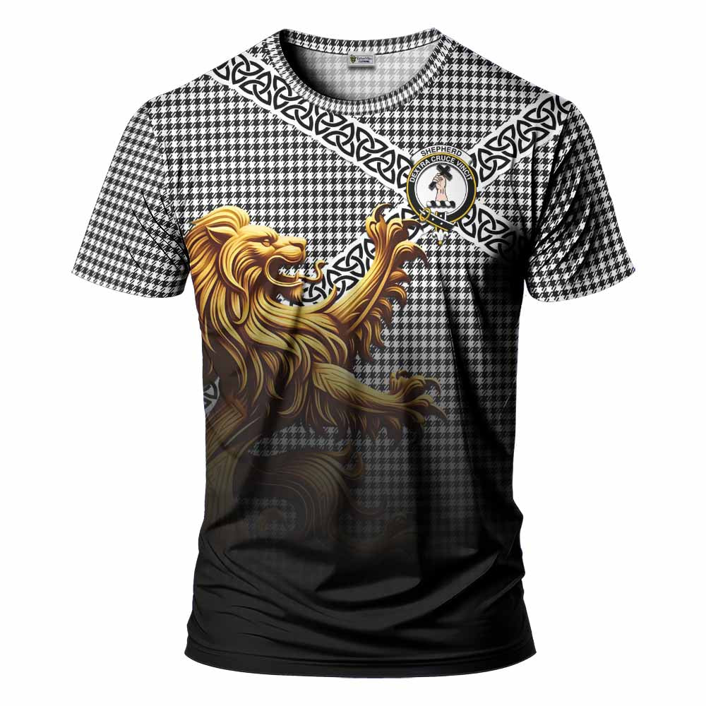 Tartan Vibes Clothing Shepherd Crest Tartan T-Shirt with Golden Lion Emblem Celtic Style
