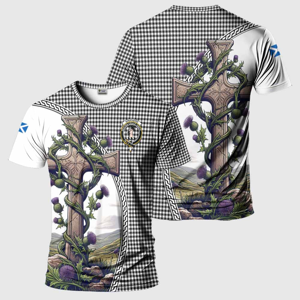 Tartan Vibes Clothing Shepherd Agnew Tartan T-Shirt with Family Crest and St. Andrew's Cross Accented by Thistle Vines