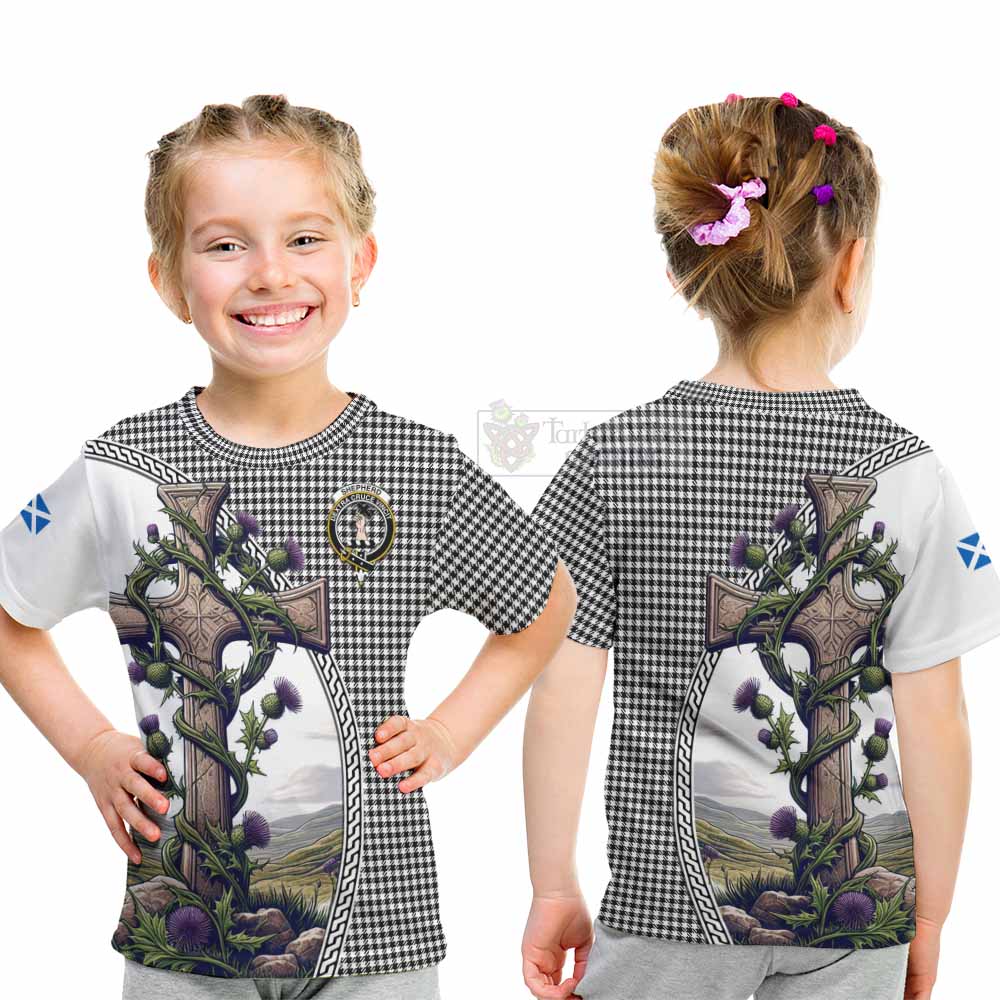 Tartan Vibes Clothing Shepherd Tartan Kid T-Shirt with Family Crest and St. Andrew's Cross Accented by Thistle Vines