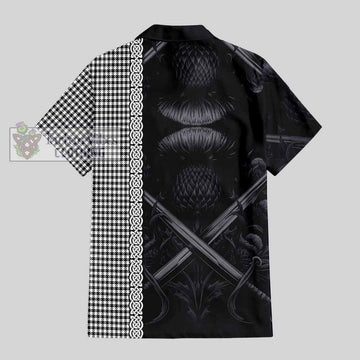 Tartan Vibes Clothing Shepherd Tartan Short Sleeve Button Shirt with Family Crest Cross Sword Thistle Celtic Vibes
