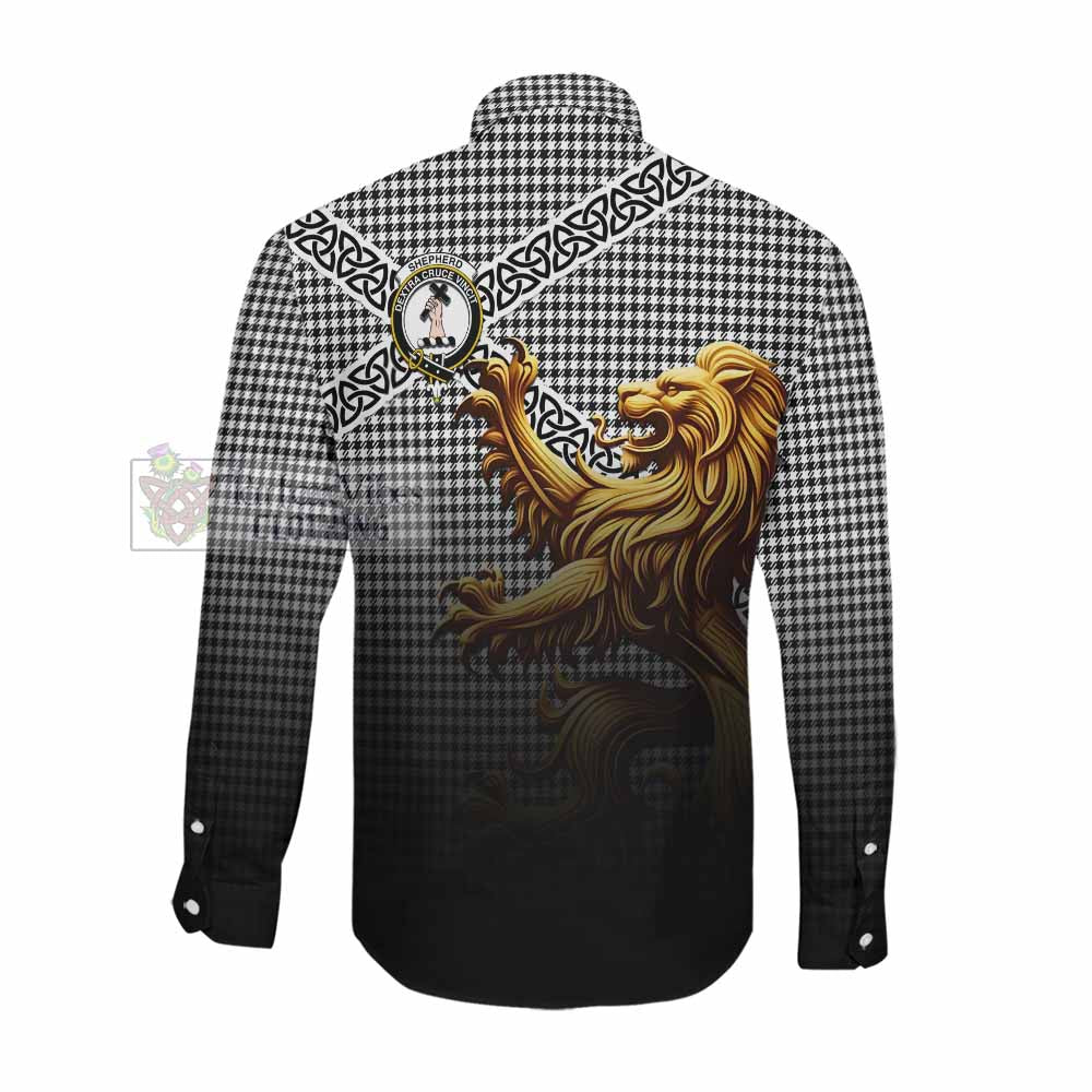 Tartan Vibes Clothing Shepherd Crest Tartan Long Sleeve Button Shirt with Golden Lion Emblem Celtic Style