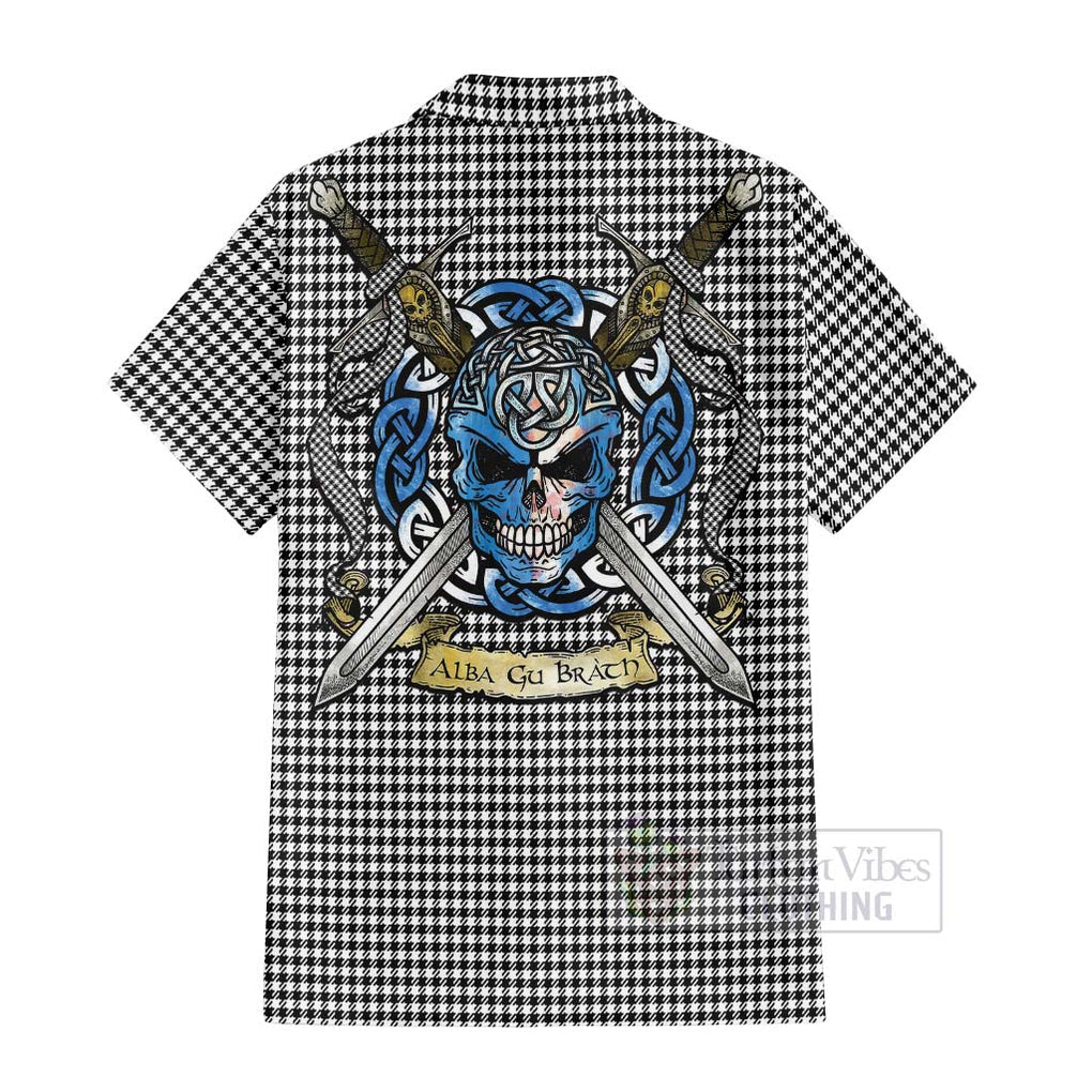 Tartan Vibes Clothing Shepherd Tartan Short Sleeve Button Shirt with Family Crest Celtic Skull Style