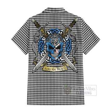 Tartan Vibes Clothing Shepherd Tartan Short Sleeve Button Shirt with Family Crest Celtic Skull Style
