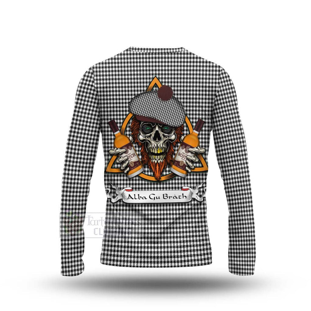 Tartan Vibes Clothing Shepherd Tartan Long Sleeve T-Shirt with Family Crest and Bearded Skull Holding Bottles of Whiskey