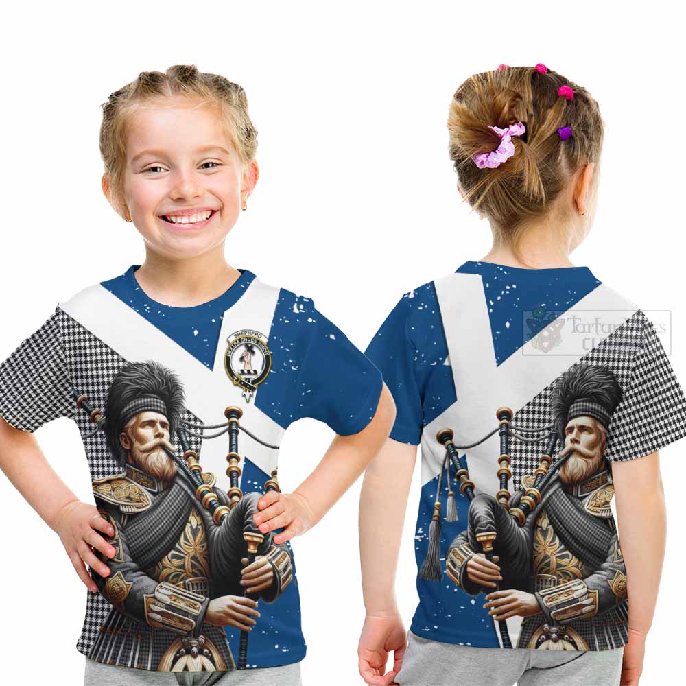 Tartan Vibes Clothing Shepherd Tartan Kid T-Shirt with Family Crest Scottish Bagpiper Vibes