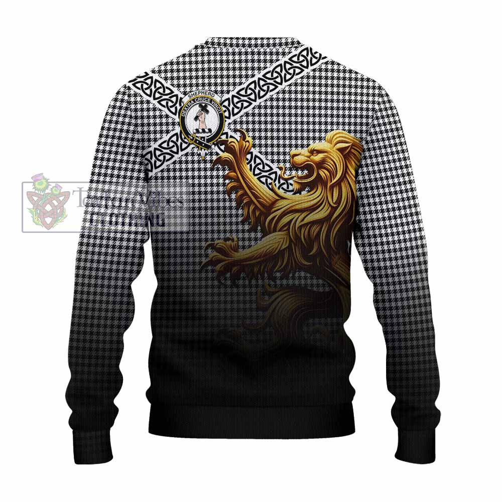 Tartan Vibes Clothing Shepherd Crest Tartan Knitted Sweater with Golden Lion Emblem Celtic Style