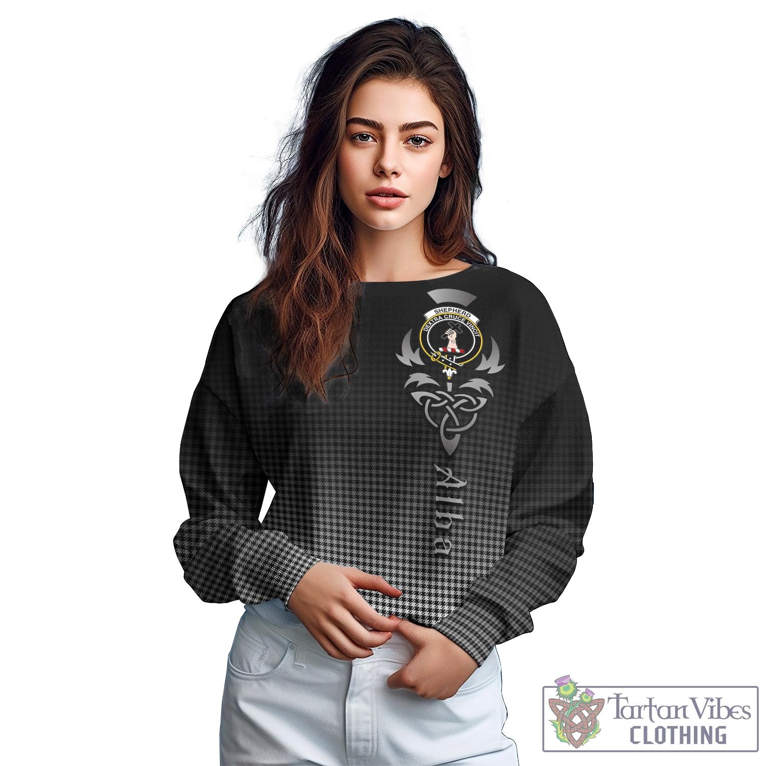 Tartan Vibes Clothing Shepherd Tartan Sweatshirt Featuring Alba Gu Brath Family Crest Celtic Inspired