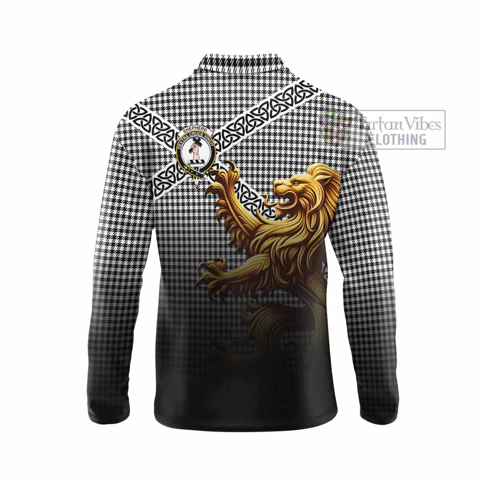 Tartan Vibes Clothing Shepherd Crest Tartan Long Sleeve Polo Shirt with Golden Lion Emblem Celtic Style