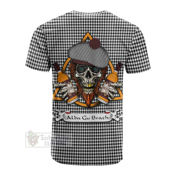 Tartan Vibes Clothing Shepherd Tartan Cotton T-shirt with Family Crest and Bearded Skull Holding Bottles of Whiskey