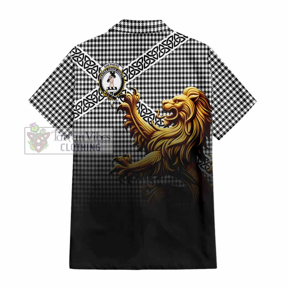 Tartan Vibes Clothing Shepherd Crest Tartan Short Sleeve Button Shirt with Golden Lion Emblem Celtic Style