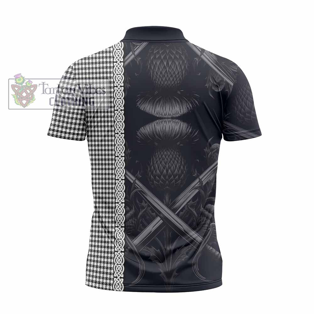 Tartan Vibes Clothing Shepherd Tartan Zipper Polo Shirt with Family Crest Cross Sword Thistle Celtic Vibes