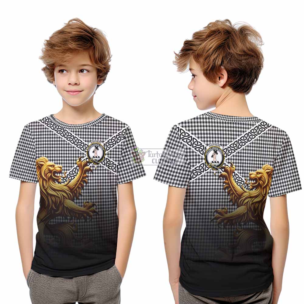 Tartan Vibes Clothing Shepherd Crest Tartan Kid T-Shirt with Golden Lion Emblem Celtic Style