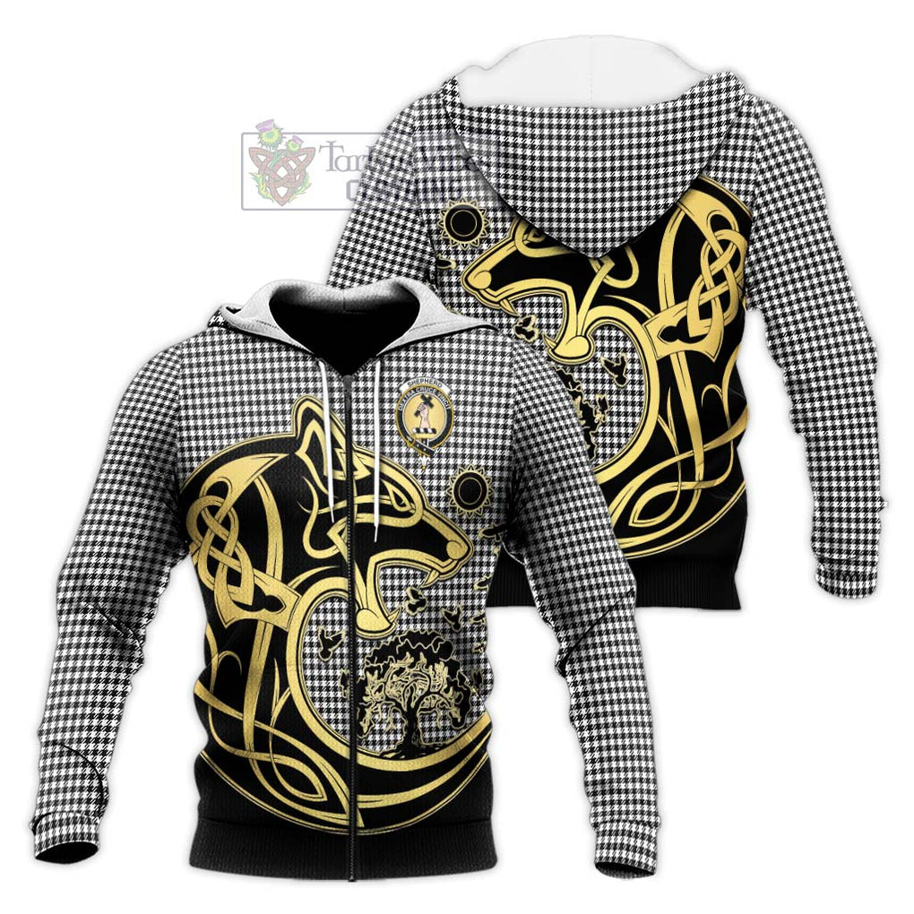 Shepherd Tartan Knitted Hoodie with Family Crest Celtic Wolf Style Unisex Knitted Zip Hoodie - Tartan Vibes Clothing