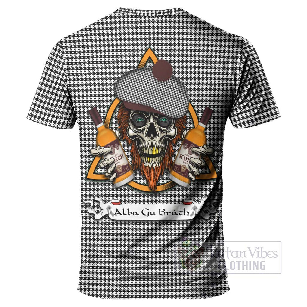 Tartan Vibes Clothing Shepherd Tartan T-Shirt with Family Crest and Bearded Skull Holding Bottles of Whiskey