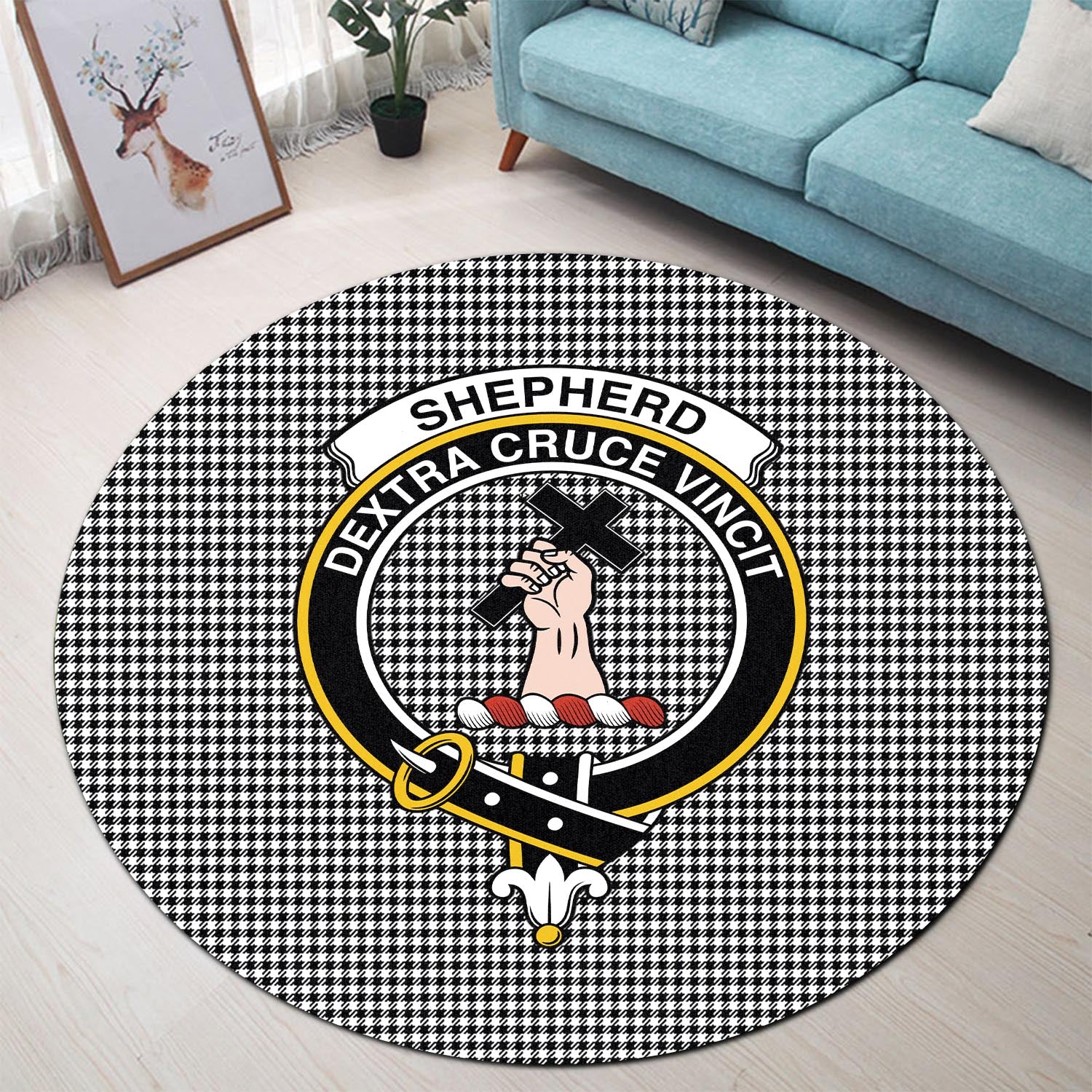 shepherd-tartan-round-rug-with-family-crest