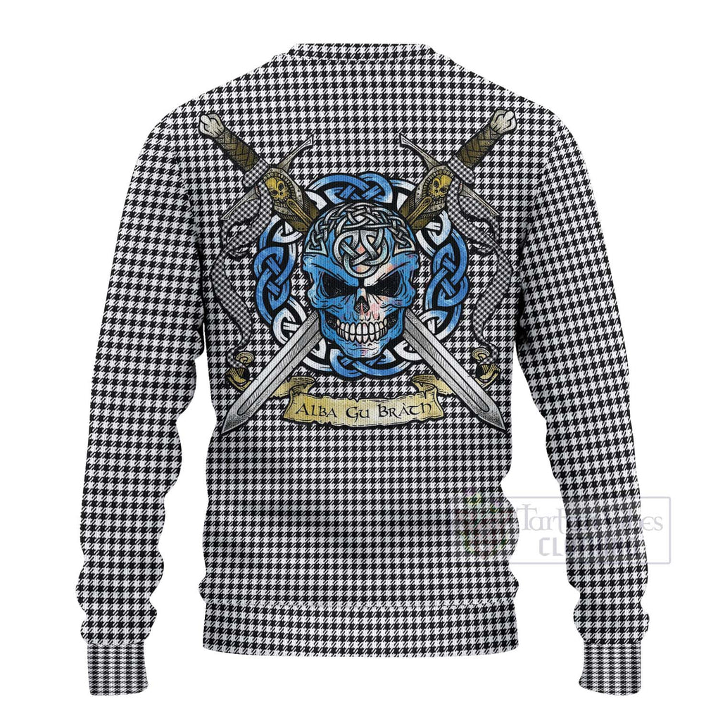 Tartan Vibes Clothing Shepherd Tartan Knitted Sweater with Family Crest Celtic Skull Style