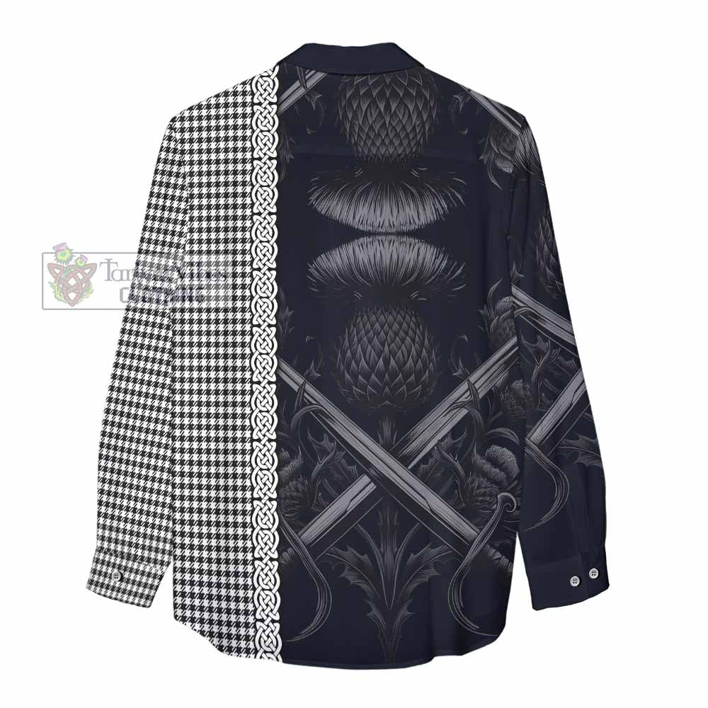 Tartan Vibes Clothing Shepherd Tartan Women's Casual Shirt with Family Crest Cross Sword Thistle Celtic Vibes