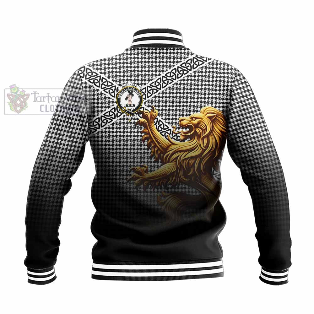 Tartan Vibes Clothing Shepherd Crest Tartan Baseball Jacket with Golden Lion Emblem Celtic Style