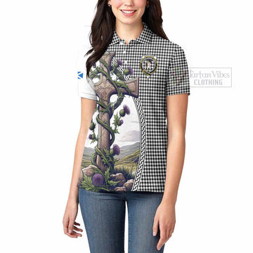 Tartan Vibes Clothing Shepherd Tartan Women's Polo Shirt with Family Crest and St. Andrew's Cross Accented by Thistle Vines