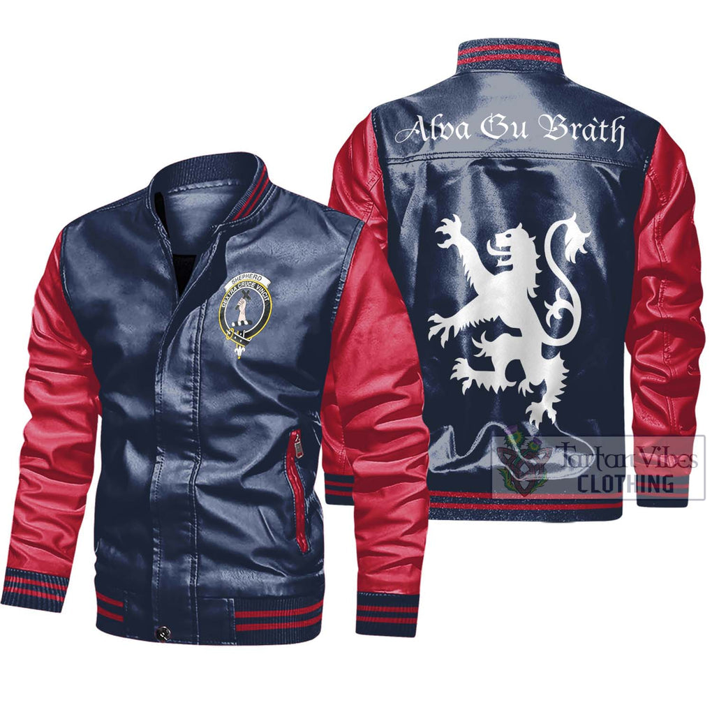 Shepherd Family Crest Leather Bomber Jacket Lion Rampant Alba Gu Brath Style Navy - Red Unisex - 2D-tartanvibesclothing