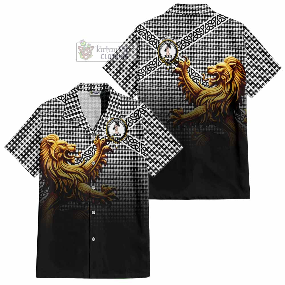 Tartan Vibes Clothing Shepherd Crest Tartan Short Sleeve Button Shirt with Golden Lion Emblem Celtic Style