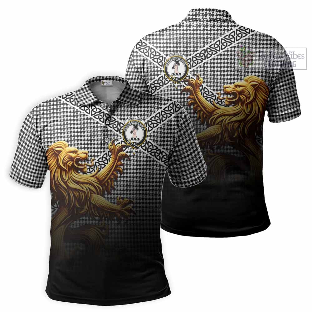 Tartan Vibes Clothing Shepherd Crest Tartan Polo Shirt with Golden Lion Emblem Celtic Style
