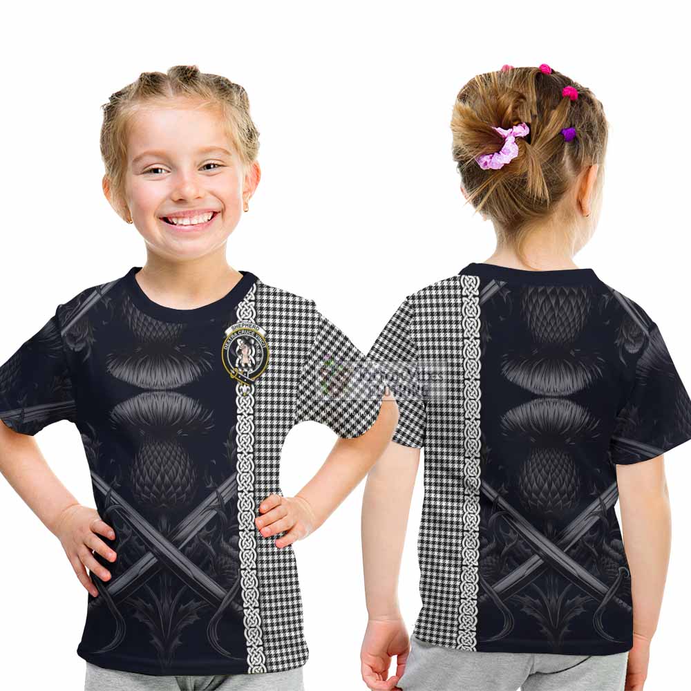 Tartan Vibes Clothing Shepherd Tartan Kid T-Shirt with Family Crest Cross Sword Thistle Celtic Vibes