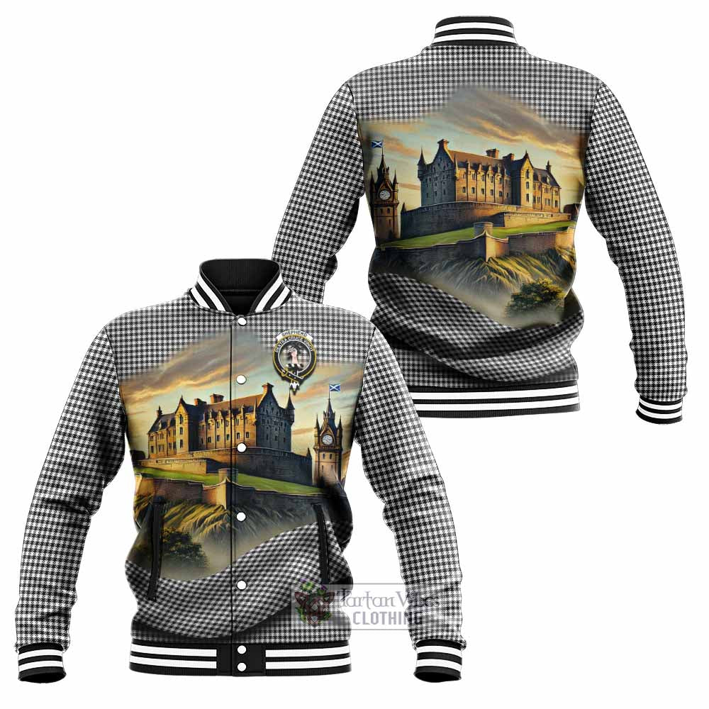 Tartan Vibes Clothing Shepherd Tartan Family Crest Baseball Jacket with Scottish Ancient Castle Style