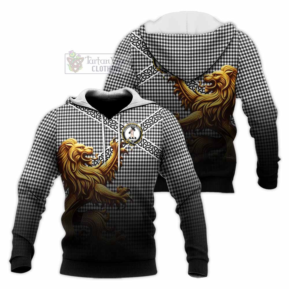 Tartan Vibes Clothing Shepherd Crest Tartan Knitted Hoodie with Golden Lion Emblem Celtic Style
