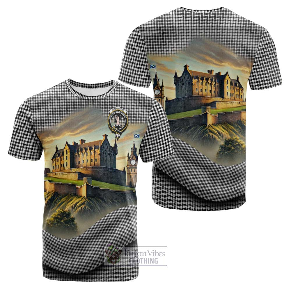 Tartan Vibes Clothing Shepherd Tartan Family Crest Cotton T-shirt with Scottish Ancient Castle Style