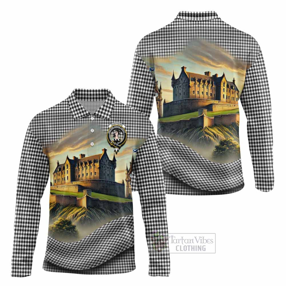 Tartan Vibes Clothing Shepherd Tartan Family Crest Long Sleeve Polo Shirt with Scottish Ancient Castle Style