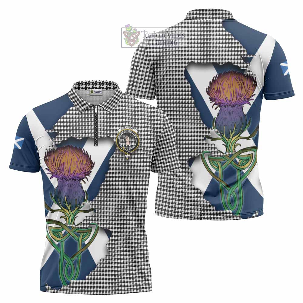 Tartan Vibes Clothing Shepherd Tartan Family Crest Zipper Polo Shirt Scottish Thistle Celtic Inspired
