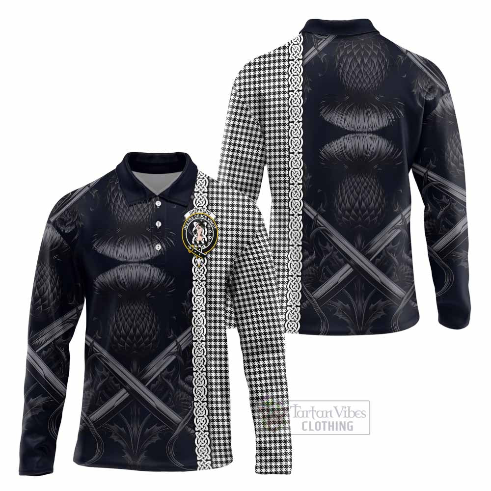 Tartan Vibes Clothing Shepherd Tartan Long Sleeve Polo Shirt with Family Crest Cross Sword Thistle Celtic Vibes